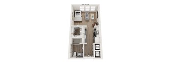 A 3D floor plan of a small apartment with a bedroom, living room, kitchen, and bathroom.