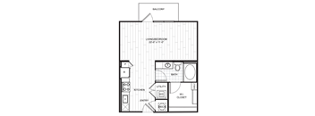 A floor plan of a one bedroom apartment with a living/bedroom area, kitchen, bathroom and closet.