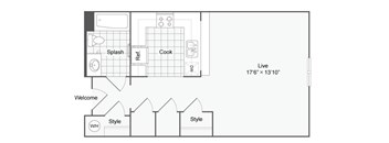 a floor plan of a small house with a bedroom and a living room
