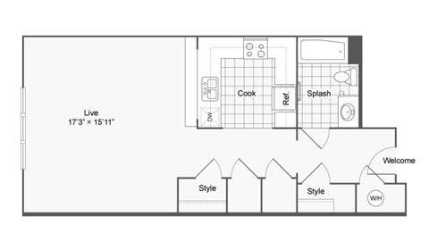 a floor plan of a small apartment with a bedroom and a living room