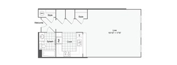 a floor plan of a small house with a bedroom and a living room