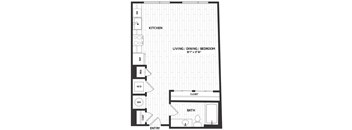 A floor plan of a house with a kitchen, living/dining/bedroom, bathroom, closet, and entry.