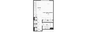 A floor plan of a small apartment with a kitchen, living room, and bathroom.