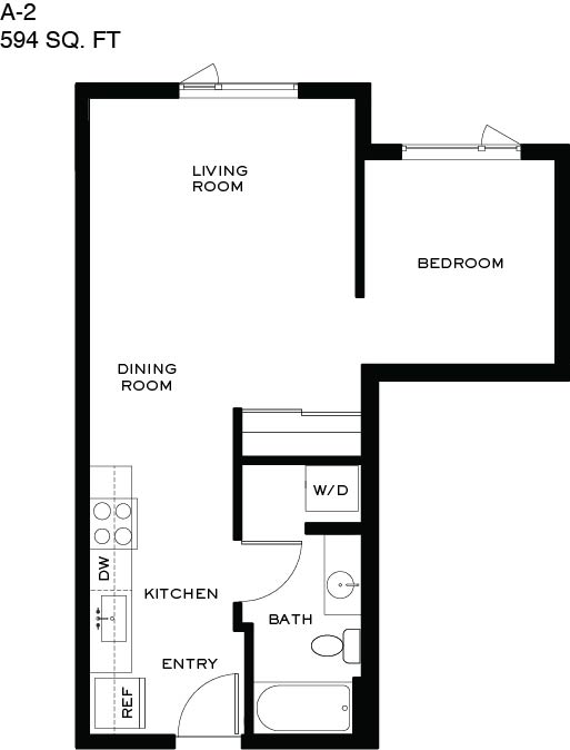 A floor plan of a 594 square foot apartment labeled A-2.