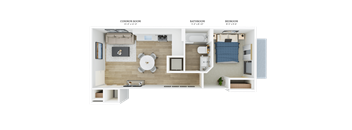 A floor plan of a small apartment with a common room, bathroom, and bedroom.