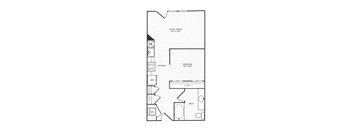 A floor plan of a small apartment with a living room, bedroom, and kitchen.