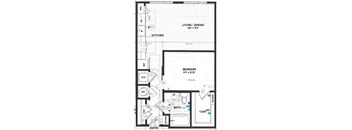 A floor plan of a small apartment with a living/dining area, kitchen, bedroom, bathroom, and closet.