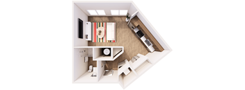 A top down view of a modern kitchen and living room.