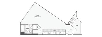 a floor plan of a small house with a steep roof and a long side angle