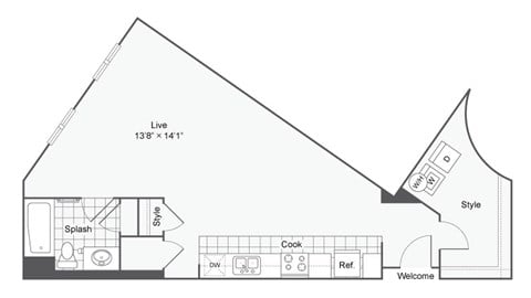 a floor plan of a small house with a steep roof and a long side angle