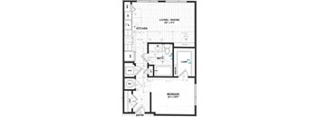 A floor plan of a house with a living/dining area, kitchen, bathroom, closet, and bedroom.