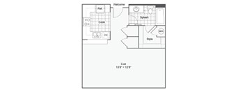 a floor plan of a small house with a bedroom and a living room