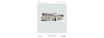 A floor plan for a studio apartment at The Parker.