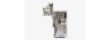A 3D rendered image of a house layout.