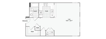 a floor plan of a small house with a bedroom and a living room