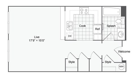 a floor plan of a small apartment with a bedroom and a living room