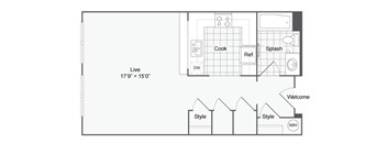 A floor plan of a living space with a kitchen, dining area, and bathroom.
