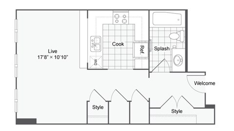 a floor plan of a small apartment with a bedroom and a living room