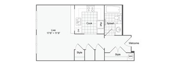 a floor plan of a small apartment with a bedroom and a living room