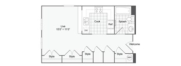 a floor plan of a small apartment with a bedroom and a living room