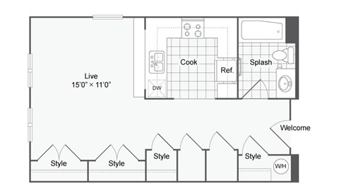 a floor plan of a small apartment with a bedroom and a living room