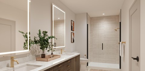 A bathroom with a white countertop and a large mirror above it.