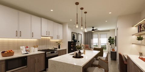 A modern kitchen with a central island and a dining area.