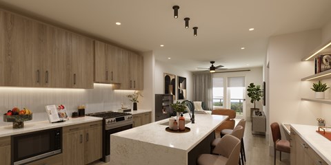 A modern kitchen with wooden cabinets and a marble countertop.