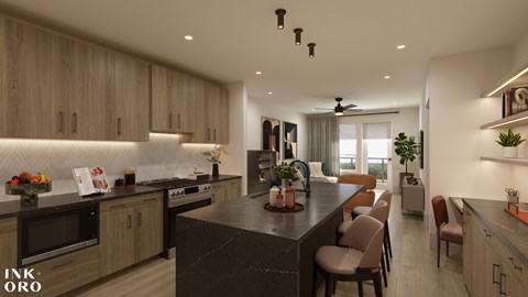 A modern kitchen with wooden cabinets and a central island.