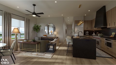 A modern kitchen and dining area with a black countertop and wooden flooring.