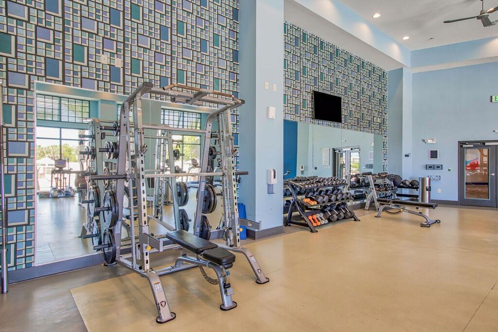 the gym in the home is stocked with weights and other exercise equipment