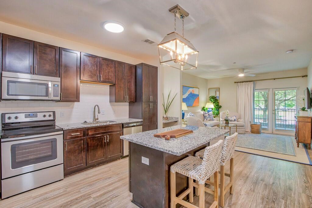 a kitchen with a counter top