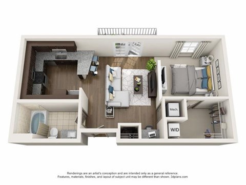 a 1 bedroom floor plan with a bathroom and a balcony