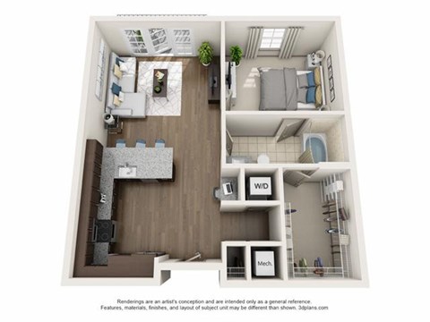 a 1 bedroom floorplan is shown with a wood floor