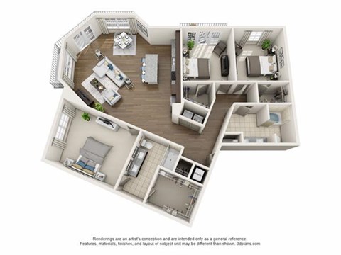 a stylized floor plan with a bedroom and a living room