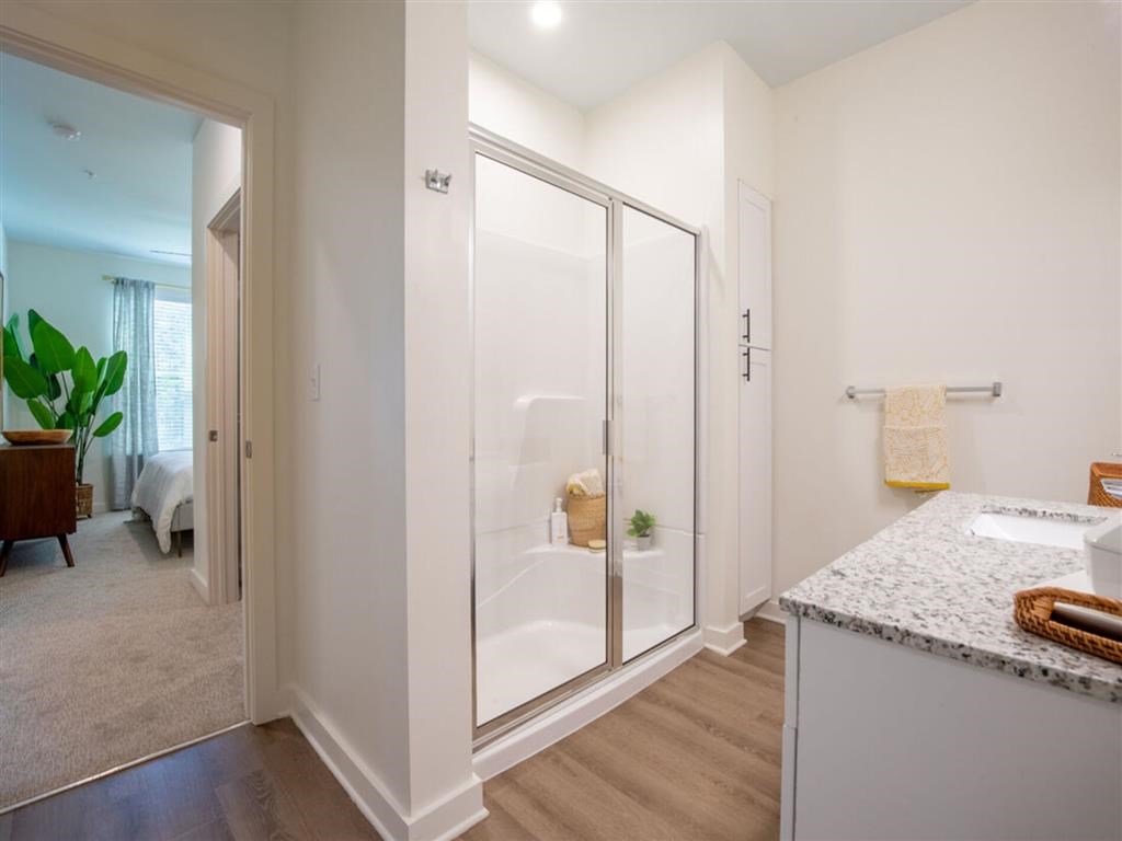 a bathroom with a shower and a sink
