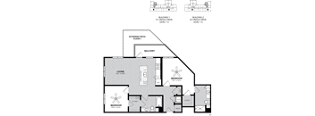 A floor plan of a two-story building with two bedrooms, a living room, and an extended patio floor.