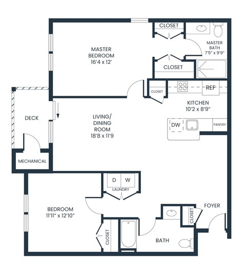 A floor plan of a house with a master bedroom, a living room, a kitchen, a dining room, a laundry room, a bathroom, and a foyer.