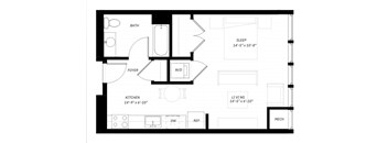 A black and white floor plan of a house with a kitchen, bathroom, and sleeping area.