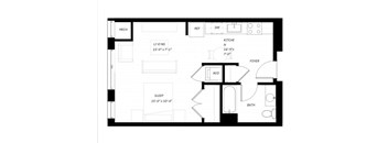 A floor plan of a small apartment with a sleeping area, kitchen, and bathroom.