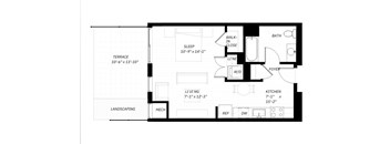 A floor plan of a house with a kitchen, bathroom, and sleeping area.