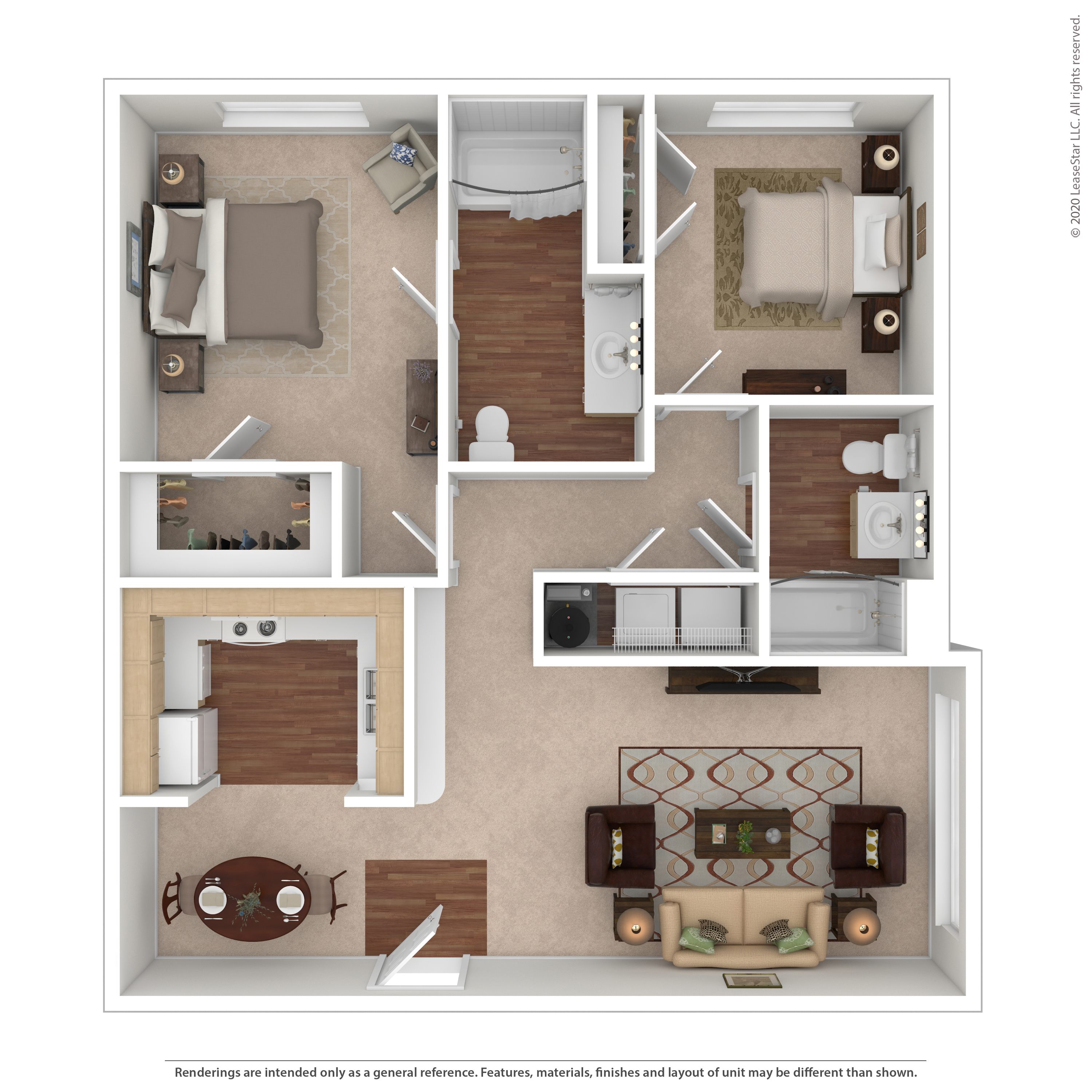 A floor plan of a house with a kitchen, living room, dining room, and two bedrooms.