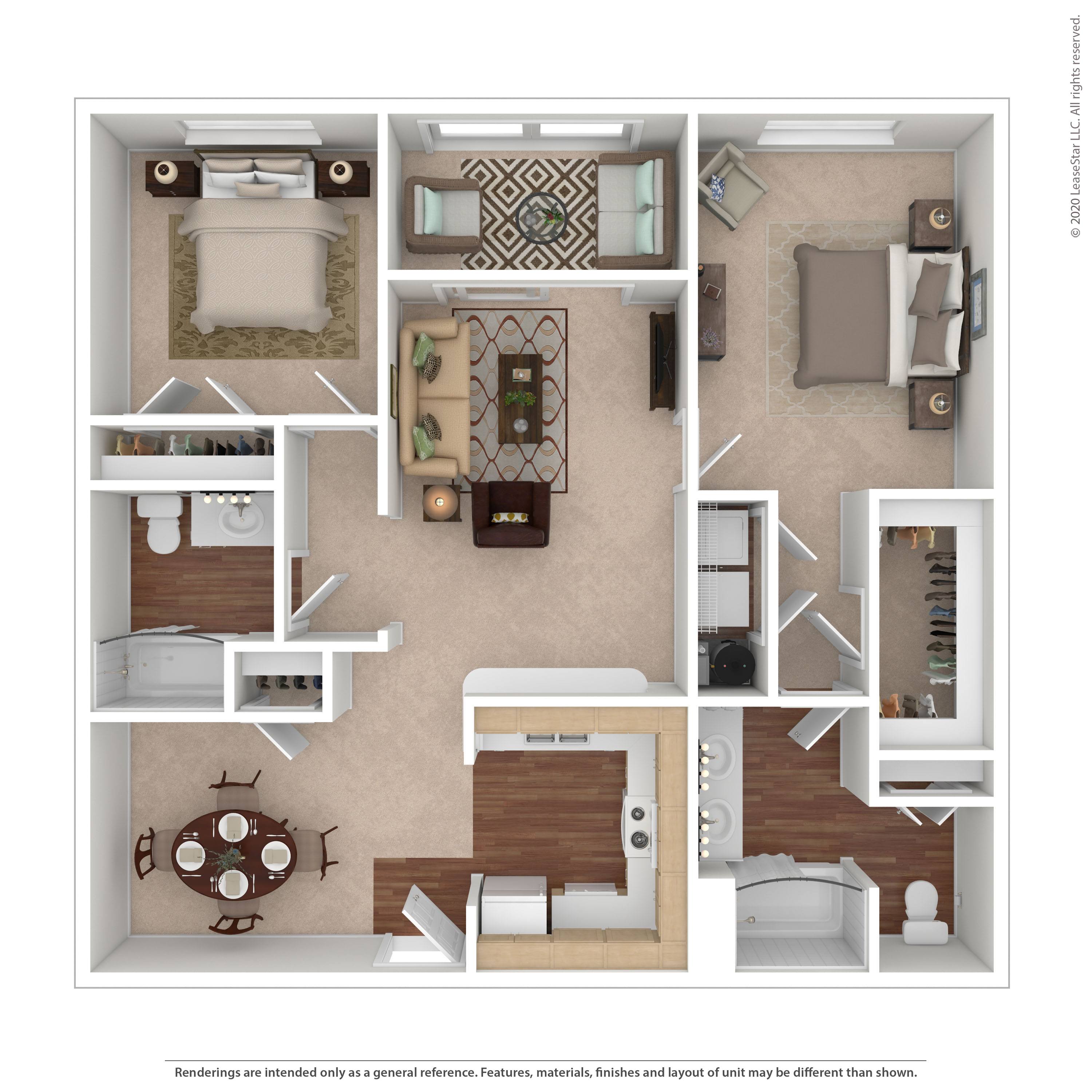 A 3D floor plan of a house with a kitchen, living room, dining room, and bedrooms.