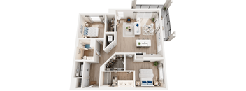 A top-down view of a small, neatly organized apartment.