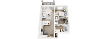 A collage of a small apartment with a bathroom and a living room.