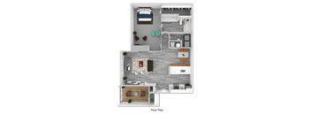 A floor plan of a one bedroom apartment with a living room, dining room, bedroom, bathroom, and closet.