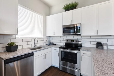 A kitchen with white cabinets and a black dishwasher.