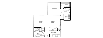 A floor plan of a house with a living room, dining room, kitchen, and two bathrooms.