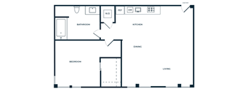 A floor plan of a house with a living room, dining room, kitchen, and two bedrooms.