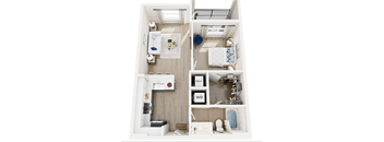 A series of four images showing different views of a small, neatly organized bedroom.